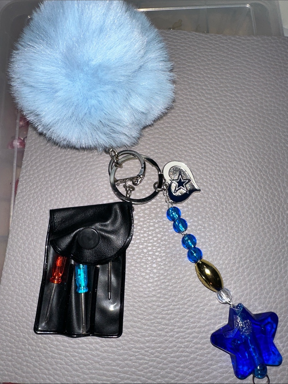 Blue Pom-Pom Keychain with Star Charm and Beaded Accent